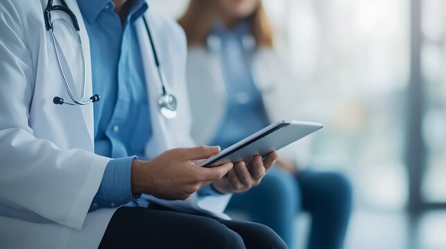Doctor showing patient info on tablet no faces visible concept of medical tech consultation care trust