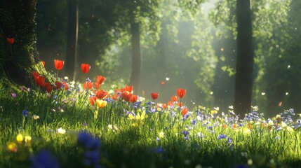 Vibrant wildflowers bloom under golden sunlight in a serene forest setting during springtime