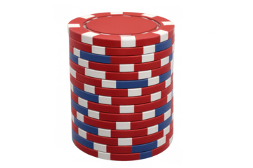 Red, white, and blue poker chips stacked high, representing gambling, wealth, and risk, with transparent background