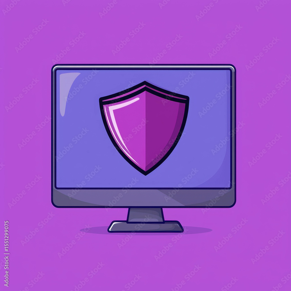 Poster colorful computer monitor displaying a shield icon, representing online security and protection in t