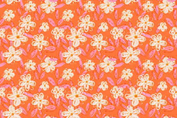 Seamless vector floral pattern with abstract flowers and leaves on a vibrant orange background. Artistic and playful style design for textiles, packaging, and stationery