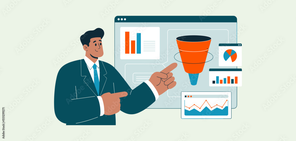 Poster marketing manager pointing to sales funnel and analytics dashboard, vector illustration for b2b mark