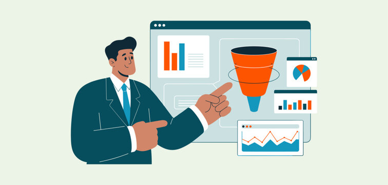 marketing manager pointing to sales funnel and analytics dashboard, vector illustration for b2b marketing analytics, campaign performance review and lead conversion optimization
