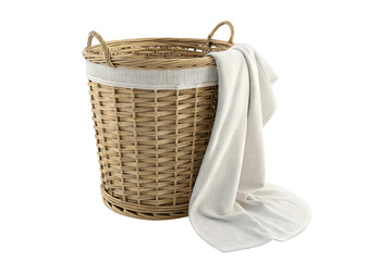 A woven laundry basket with a white cloth draped over it against a black background in a studio shot