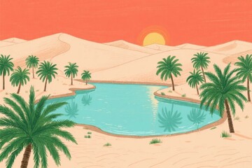 Obraz premium Oasis in the Desert: Palm Trees Surrounding a Tranquil Pool Under a Warm Sunset Sky