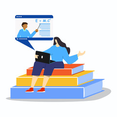 A woman sitting on big icon stack of books with using laptop to following online course. Onlie education concept.