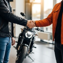 Obraz premium People Handshaking Over Motorcycle Purchase Deal