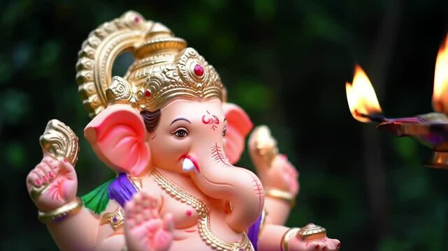 Indian wedding invitation with a adorned Ganesh statue and lit diya, perfect for creating elegant and culturally rich event invitations.