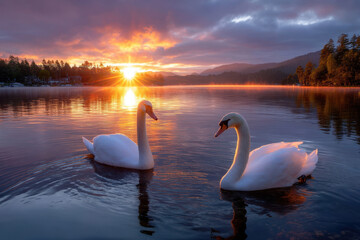 Fototapeta premium Swans glide gracefully across a tranquil lake at sunset near serene mountains