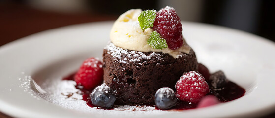 Decadent Chocolate Lava Cake Topped with Whipped Cream, Raspberries, and Blueberries