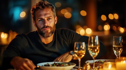 A handsome man gazes thoughtfully while dining alone at a candlelit table, surrounded by warm lighting that creates a reflective and intimate atmosphere.