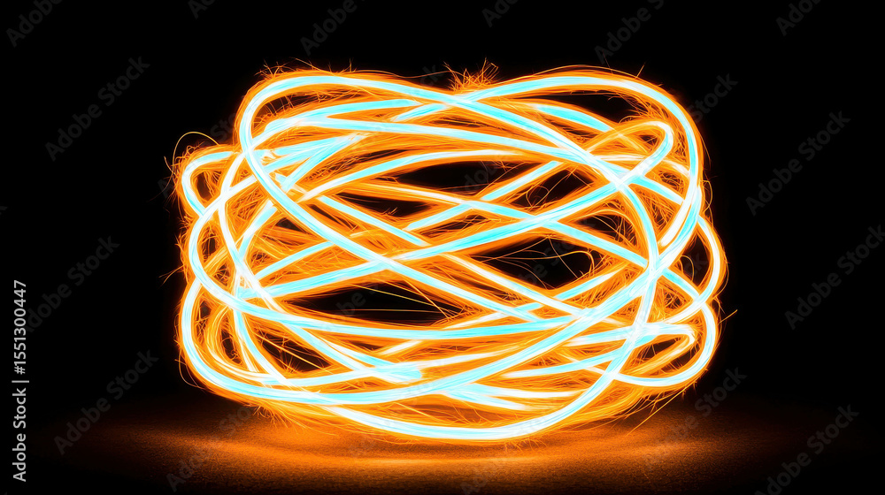 Poster bright orange and blue light trails creating dynamic circular patterns on a dark background for arti