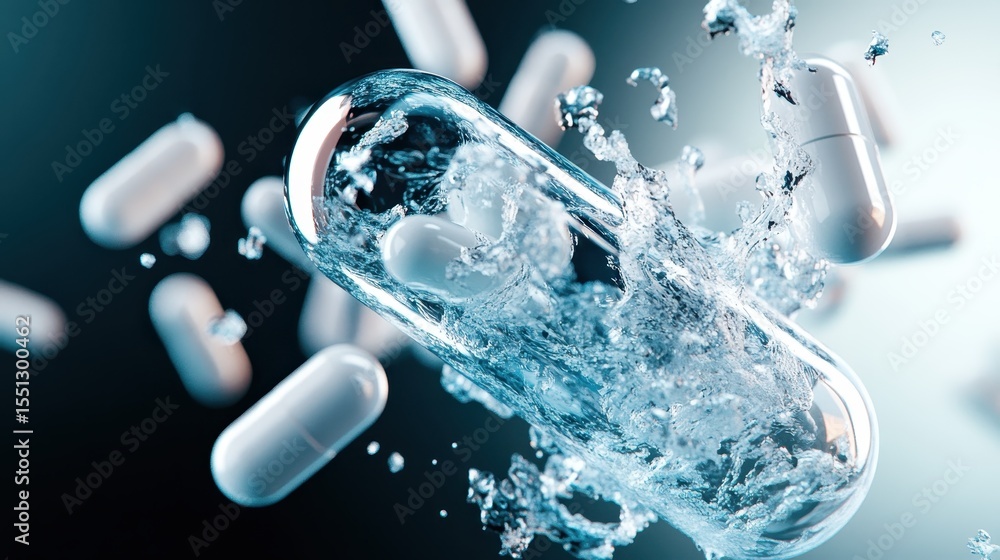 Poster an artistic depiction of a large pill capsule bursting through water, highlighting the dynamic motio
