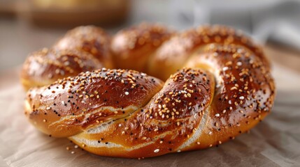 A beautifully braided pretzel covered in delicious toppings like sesame seeds and poppy seeds, showcasing its rich color and texture on a rustic wooden surface.