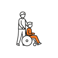 A man assisting a person in a wheelchair. 
