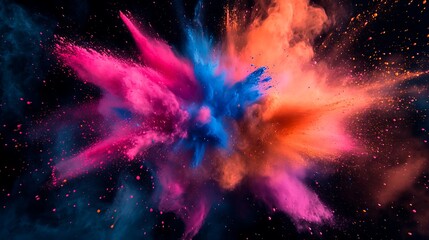 Explosion of bright color with pink orange and blue pigments swirling on black background