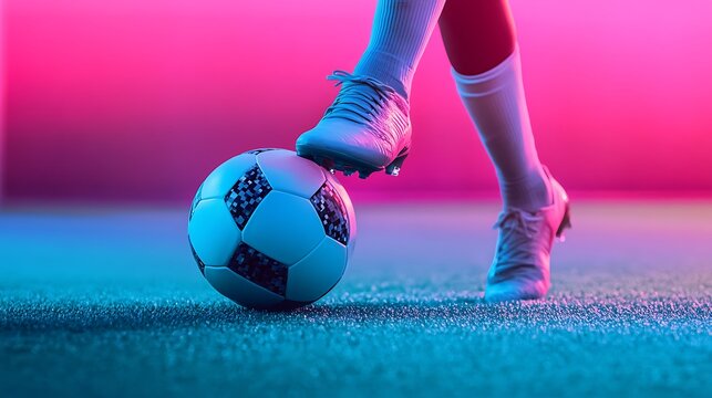 Female footballer foot on ball under pink blue light gradient field concept of control readiness strength empowerment