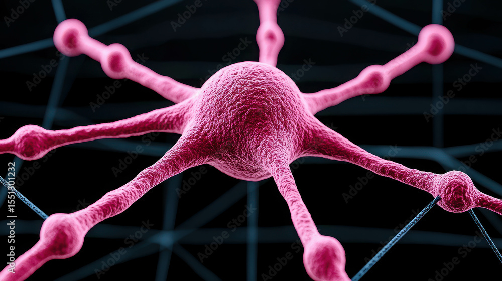 Poster close-up visualization of a pink neuron with detailed structure and connections set against a dark b
