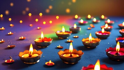 A festive display of colorful clay oil lamps, or diya, lit during the Hindu festival.