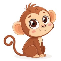 Obraz premium Cartoon Monkey with Big Eyes, Sitting on a White Background