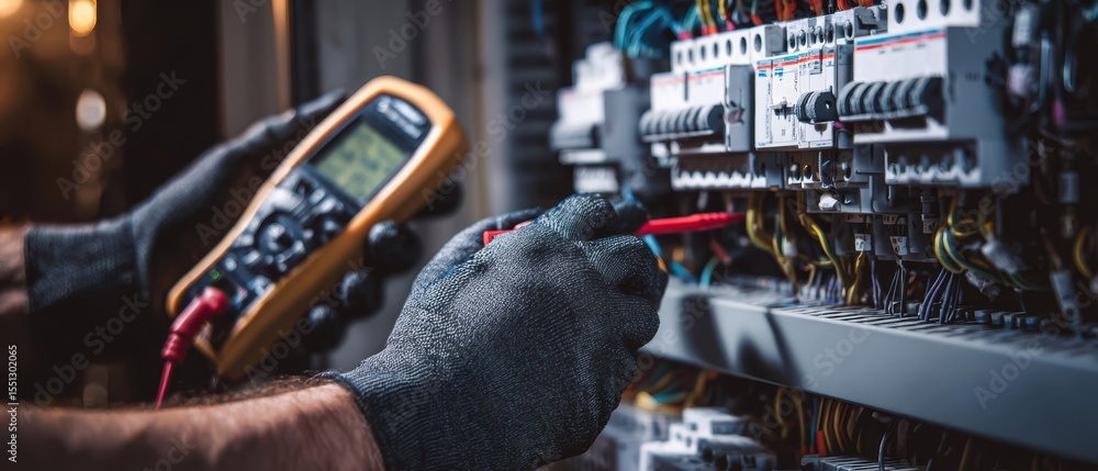 Poster the technician testing electrical circuits with a multimeter in a control panel.