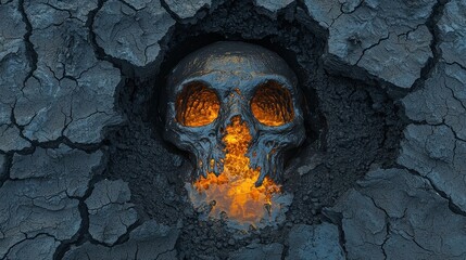 A skull emerging from cracked earth, surrounded by glowing embers, symbolizing life and death.