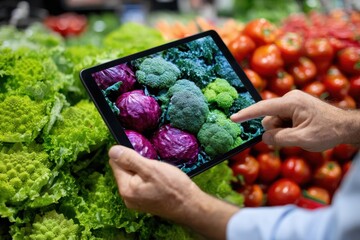 Choosing fresh vegetables while comparing with a digital display at a market