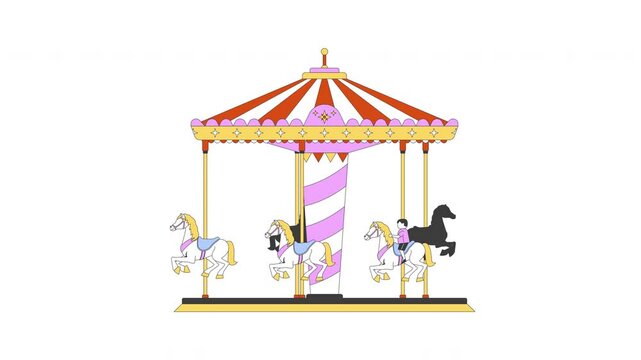Young boy riding horse on spinning vintage carousel 2D character animation. Child on nostalgic merry go-round. Fair entertainment kid animated person cartoon 4K video isolated on white transparent