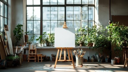 A bright and inviting art studio filled with plants, showcasing a blank canvas on an easel, representing creativity, inspiration, and the peacefulness of artistic expression.