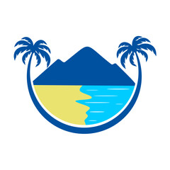 Coastal view with palm and mountain vector logo