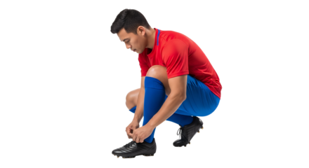 Athlete tying shoelaces of sports footwear before game