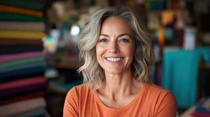 Obraz premium This engaging portrait showcases a confident and happy woman smiling warmly at the camera, capturing the essence of self-assurance and positivity in a vibrant environment.