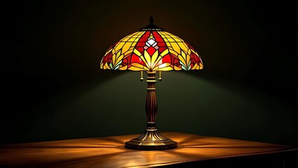 Classic stained glass table lamp glowing on green background. Perfect for vintage interior themes, antique product showcases, or retro home decor design content