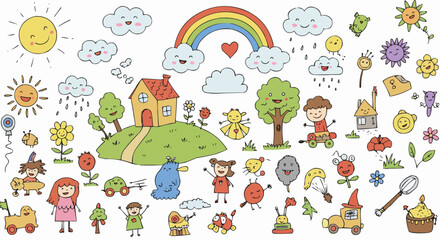 A vibrant, whimsical illustration featuring a colorful scene with houses, trees, clouds, suns, rainbows, and various cartoon characters.