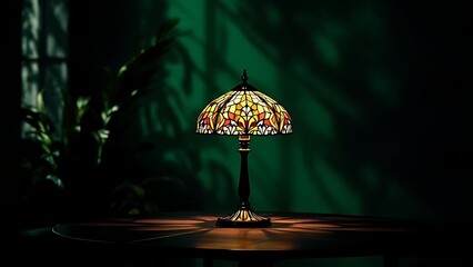 Classic stained glass table lamp glowing on green background. Perfect for vintage interior themes, antique product showcases, or retro home decor design content