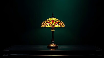 Classic stained glass table lamp glowing on green background. Perfect for vintage interior themes, antique product showcases, or retro home decor design content
