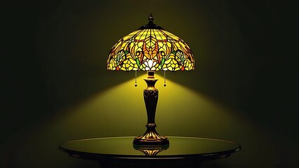 Classic stained glass table lamp glowing on green background. Perfect for vintage interior themes, antique product showcases, or retro home decor design content