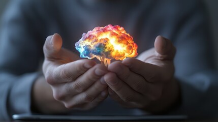 Creative mind with colorful light in hands.