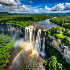 aerial view of kaieteur falls with a rainbow in th