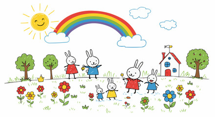 Naklejka premium A delightful illustration of a group of rabbits standing in a garden with a rainbow and sun.