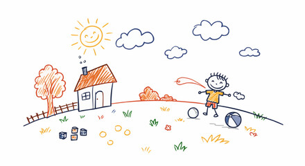 Happy child playing soccer in a colorful hand-drawn illustration.