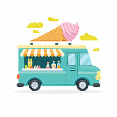 A flat vector illustration of an ice cream truck with a vibrant summer theme, featuring bright colors like yellow, pink, and blue, perfect for seasonal designs.