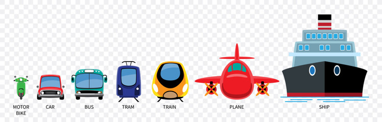 Transportation vehicles cartoon illustration included motorcycle, car, bus, tram, train, plane, ship . Flat design . Isolate on white background . Vector .