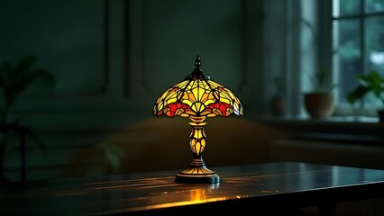 Classic stained glass table lamp glowing on green background. Perfect for vintage interior themes, antique product showcases, or retro home decor design content