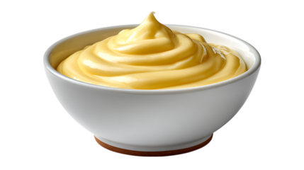 Creamy yellow custard or pudding swirled in a white bowl with a brown base isolated on transparent background