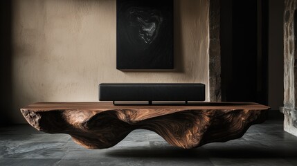 A stunning wooden table showcasing unique organic shapes and textures in an elegant interior.