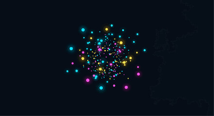 A cluster of vibrant, glowing particles floating against a dark background, creating a mesmerizing and abstract visual display.