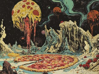A surreal pizza scene depicted against an imaginative cosmic backdrop.