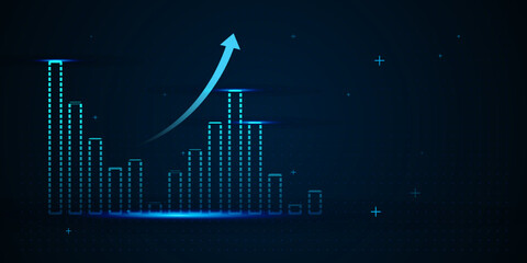 A glowing arrow curves upward from the chart’s highest bar, symbolizing strong growth and positive trend direction. vector illustration