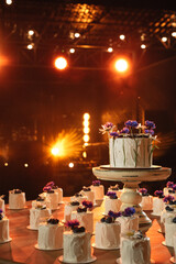 Wedding cake and cupcakes on the table